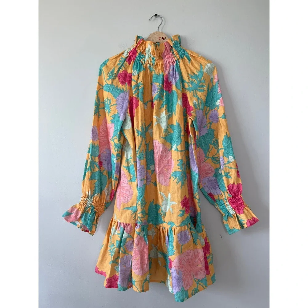 NEW Ephemera Tiered Mock Neck Garland Smock Colorful Floral Yellow Mini Dress - Picture 2 of 9